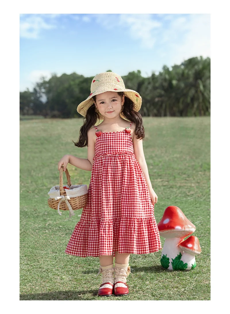 Yoehyaul Girls Cotton Gingham Sleeveless Dress with Strawberry Details